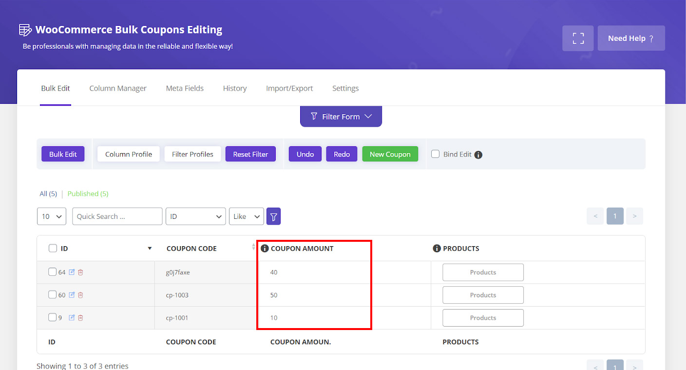 amount of filtered coupons before editing in woocommerce bulk coupons editing plugin