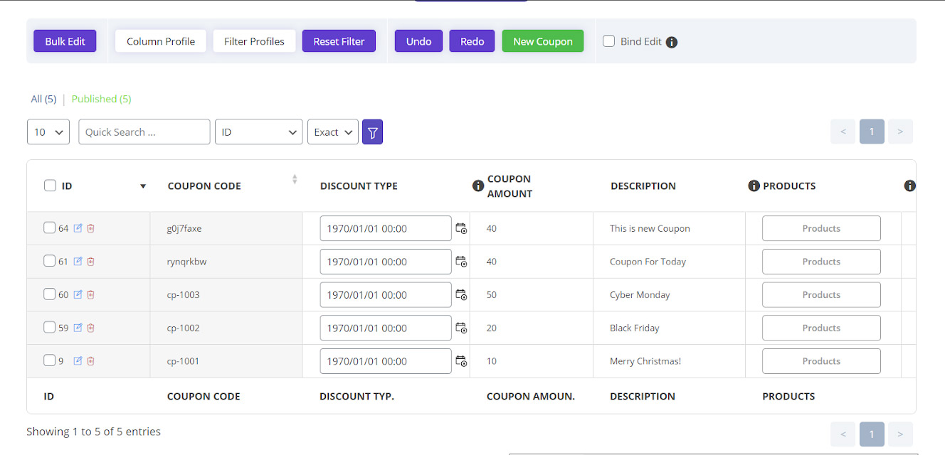 result of changes in woocommerce bulk coupons editing plugin