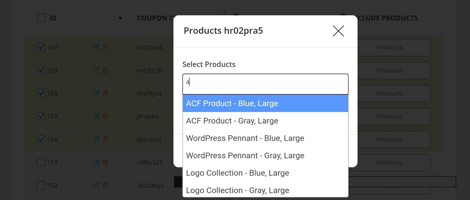 select products to assign coupon in woocommerce coupon bulk edit