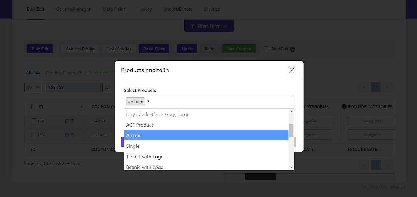bulk add products to woocommerce coupon items
