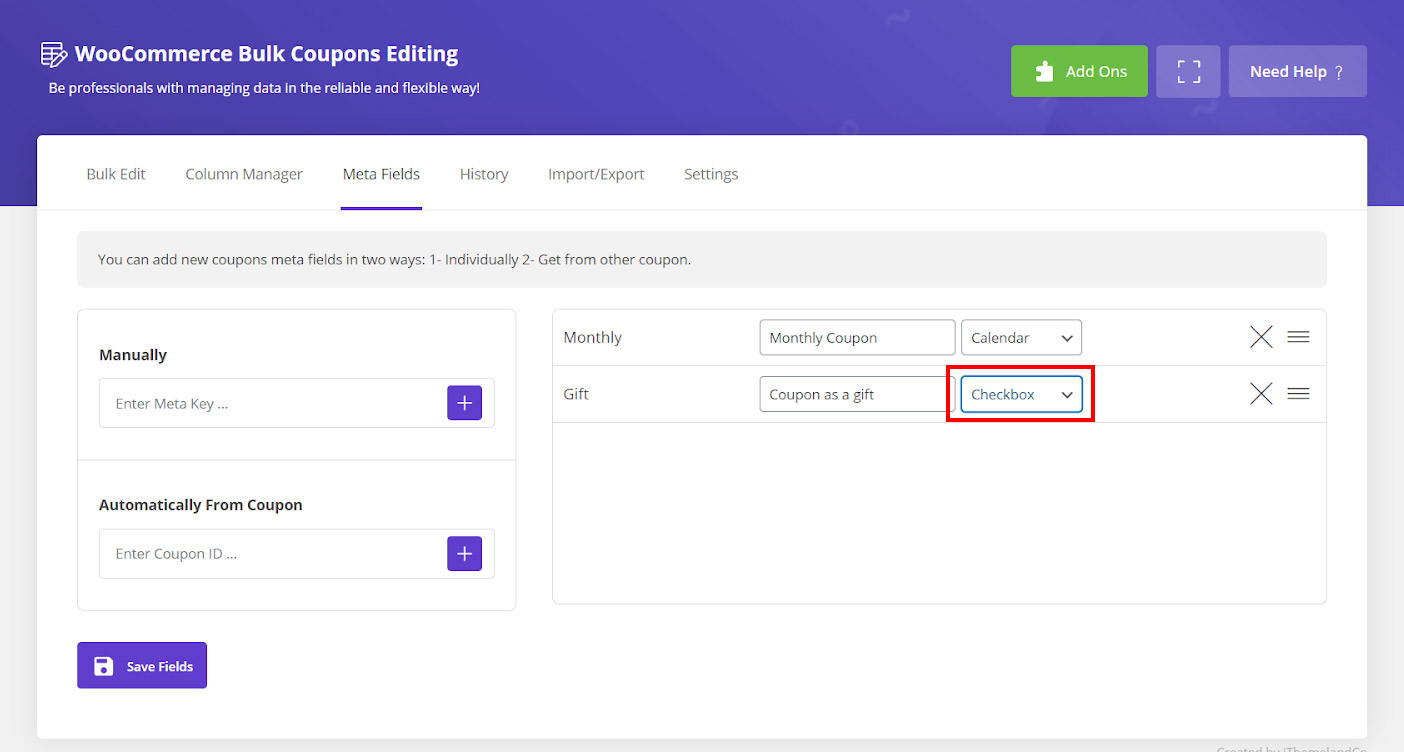 set custom field to check box type in WooCommerce bulk coupon editing plugin