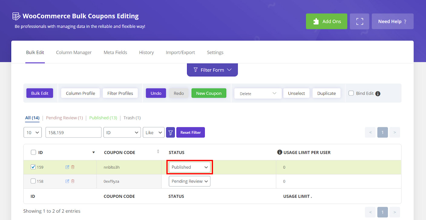 choose published status for woocommerce coupon
