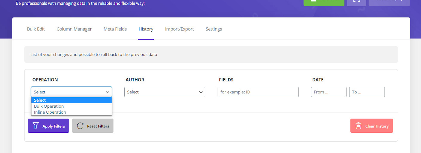 history of previous actions in woocommerce coupon bulk edit plugin 
