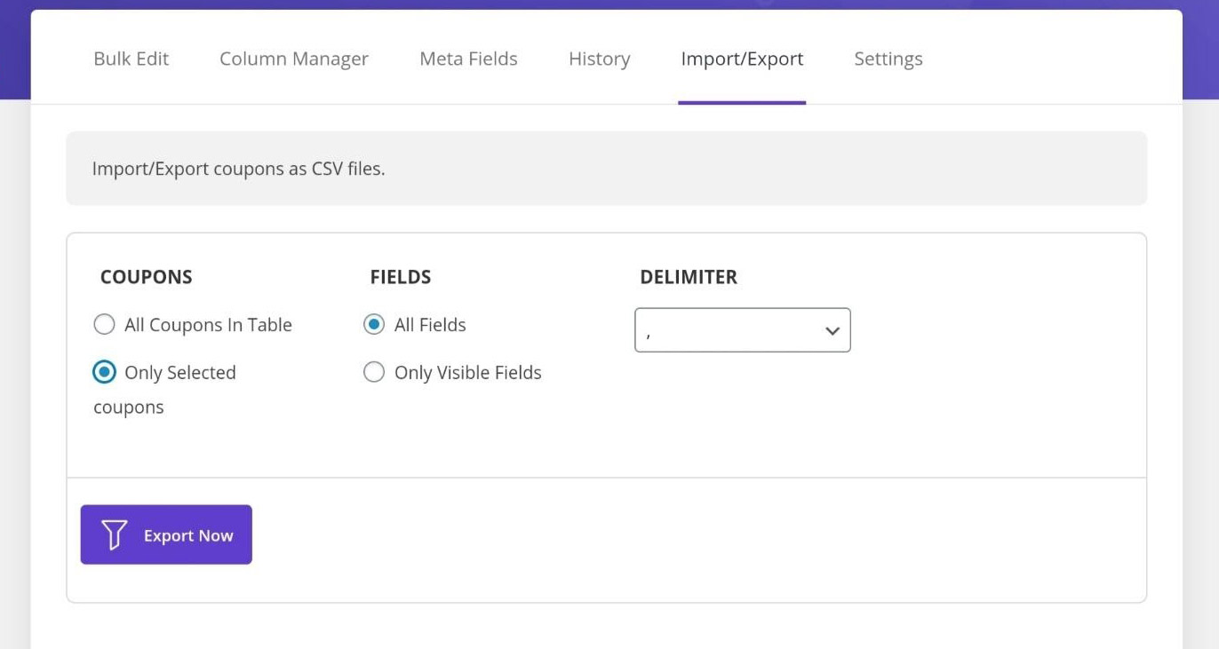 export selected coupons and all fields in woocommerce coupon bulk edit