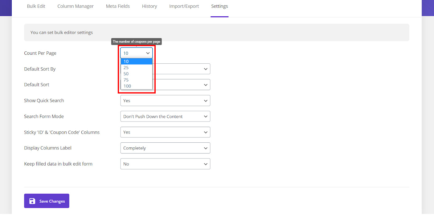 set table count per page in WooCommerce bulk coupons editing plugin main settings tab