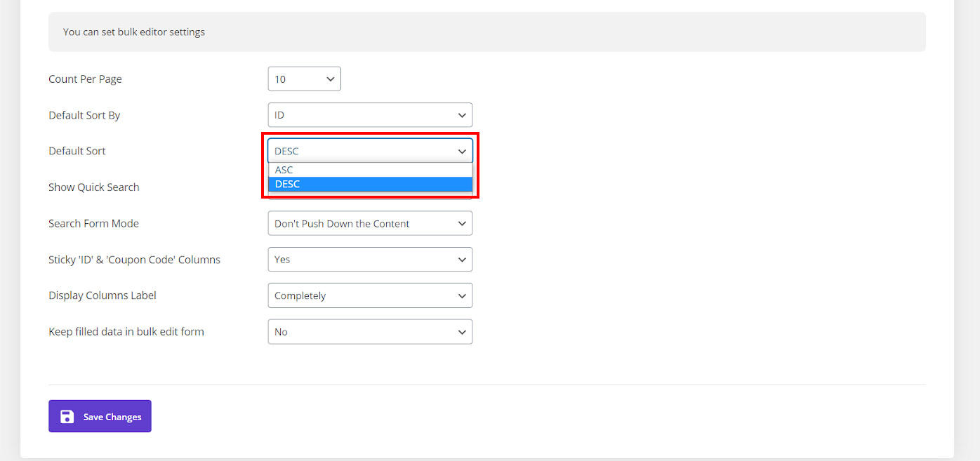 set table default sort by in WooCommerce bulk coupons editing plugin main settings tab