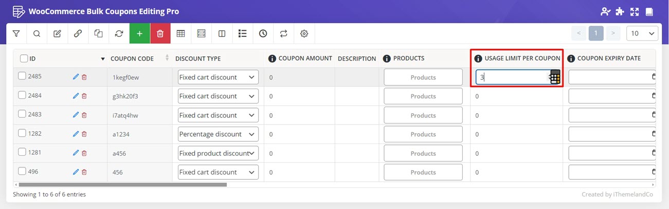 Inline edit amounts and numbers in WooCommerce bulk coupons editing plugin