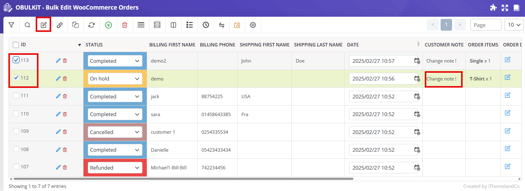 Add Customer note in WooCommerce Bulk Orders Editing