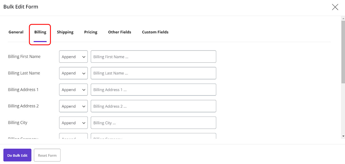 change multi order billing fields in Woocommerce bulk orders editing plugin