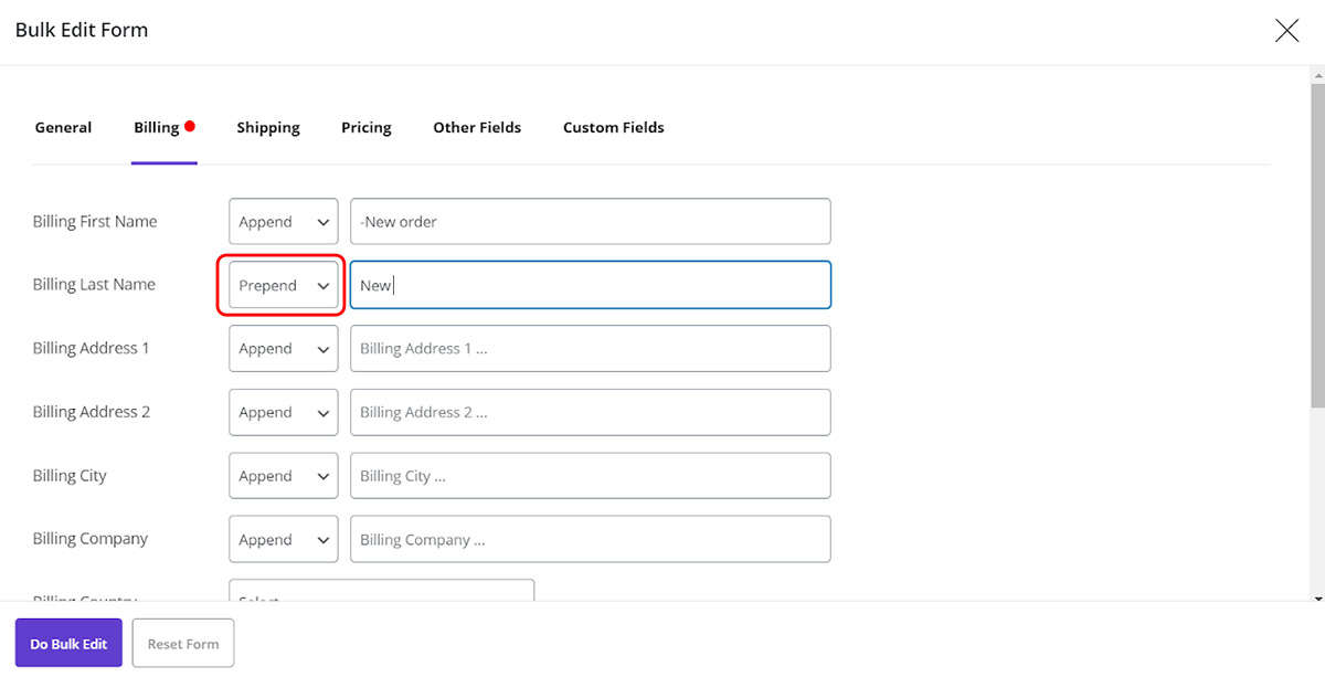 Use “Prepend” condition to change multi order billing fields