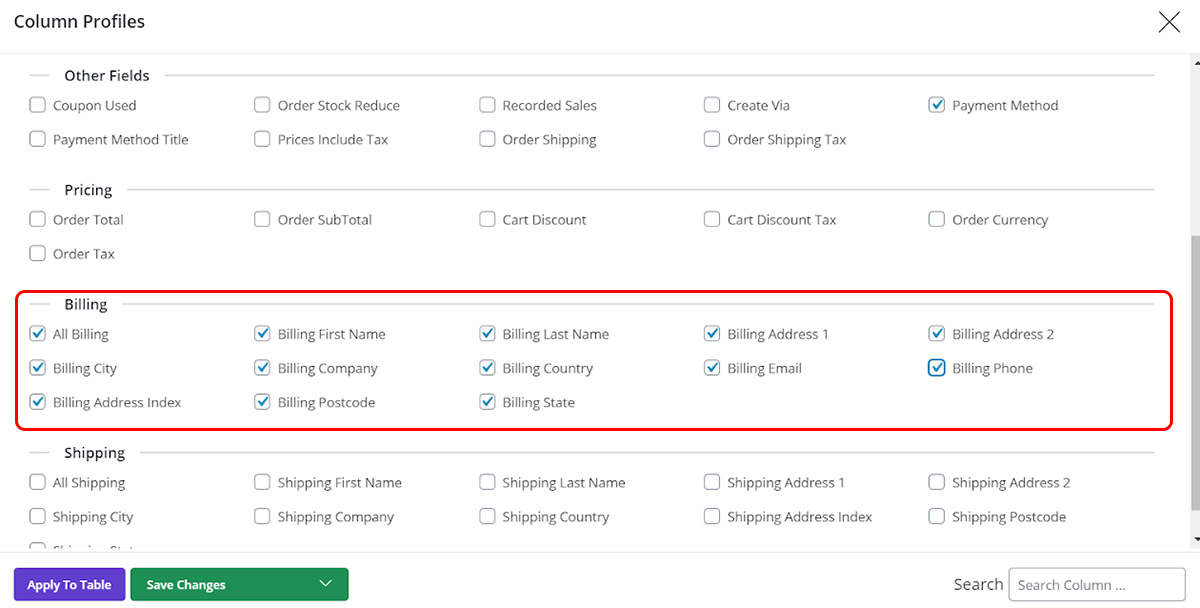 add all billing fields to the order table
