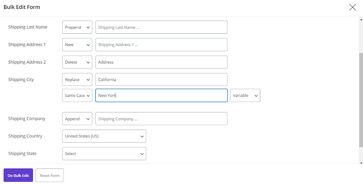 replace shipping city field in woocommerce order bulk edit