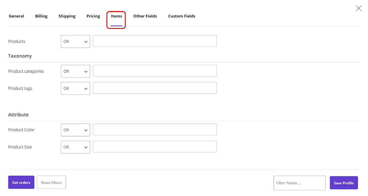 choose items tab in WooCommerce Bulk Orders Editing Plugin