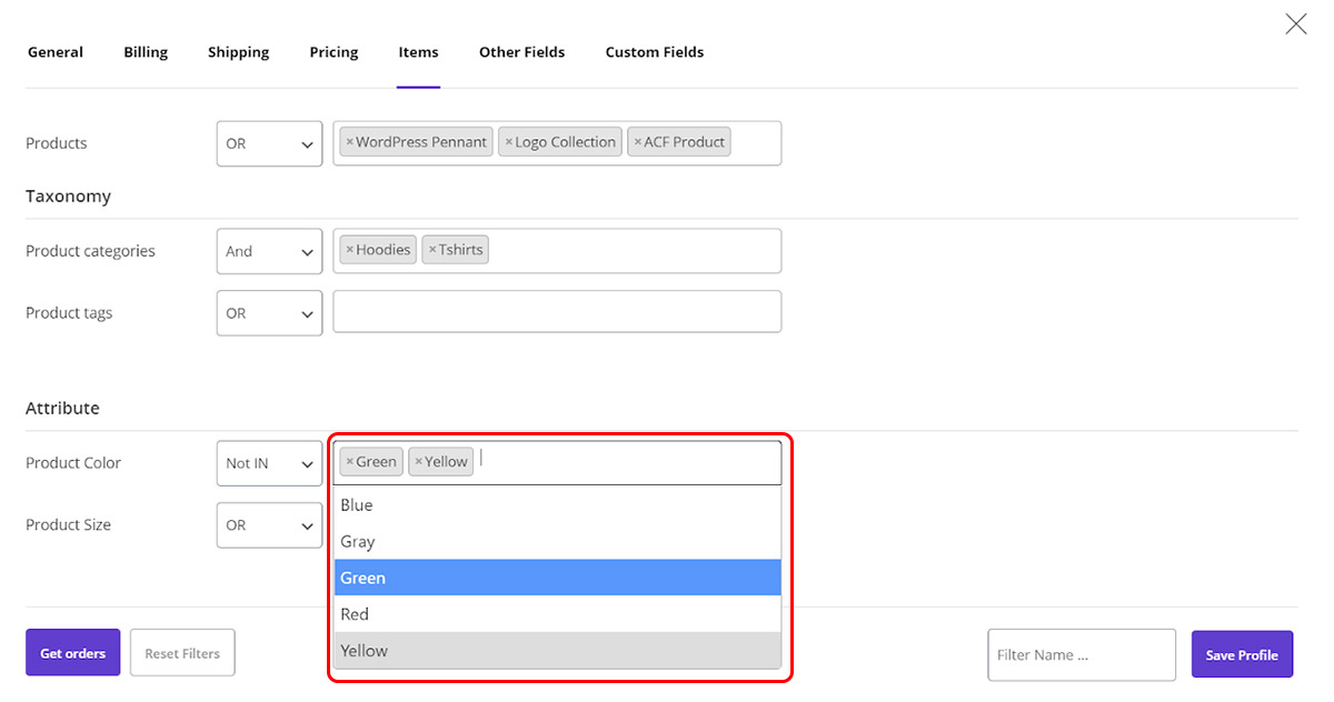 filter orders based on product attributes