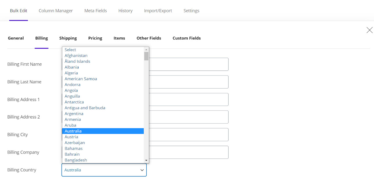 filtering woocommerce orders by billing country fields