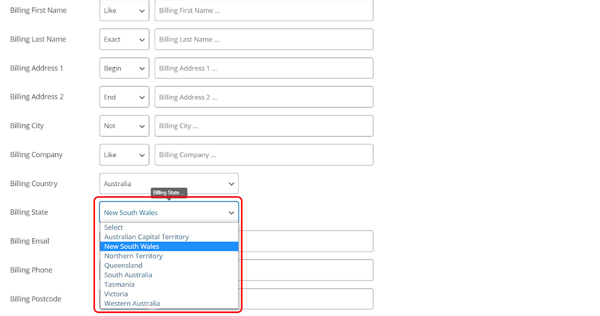 filtering woocommerce orders by Billing state field