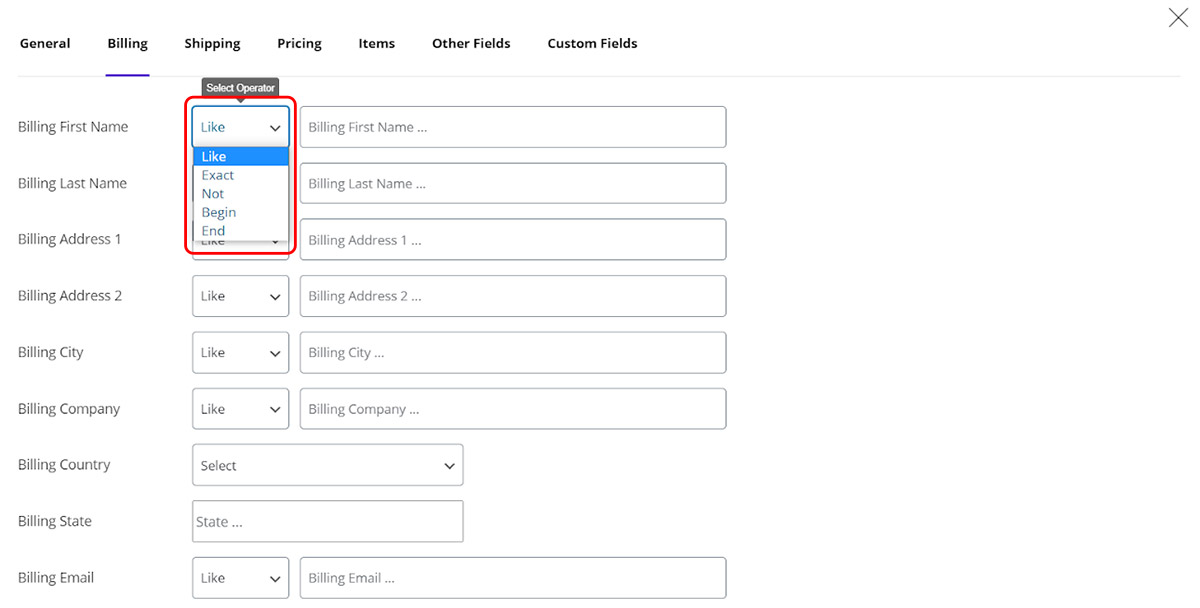 Filtering orders by billing name, address, city and etc