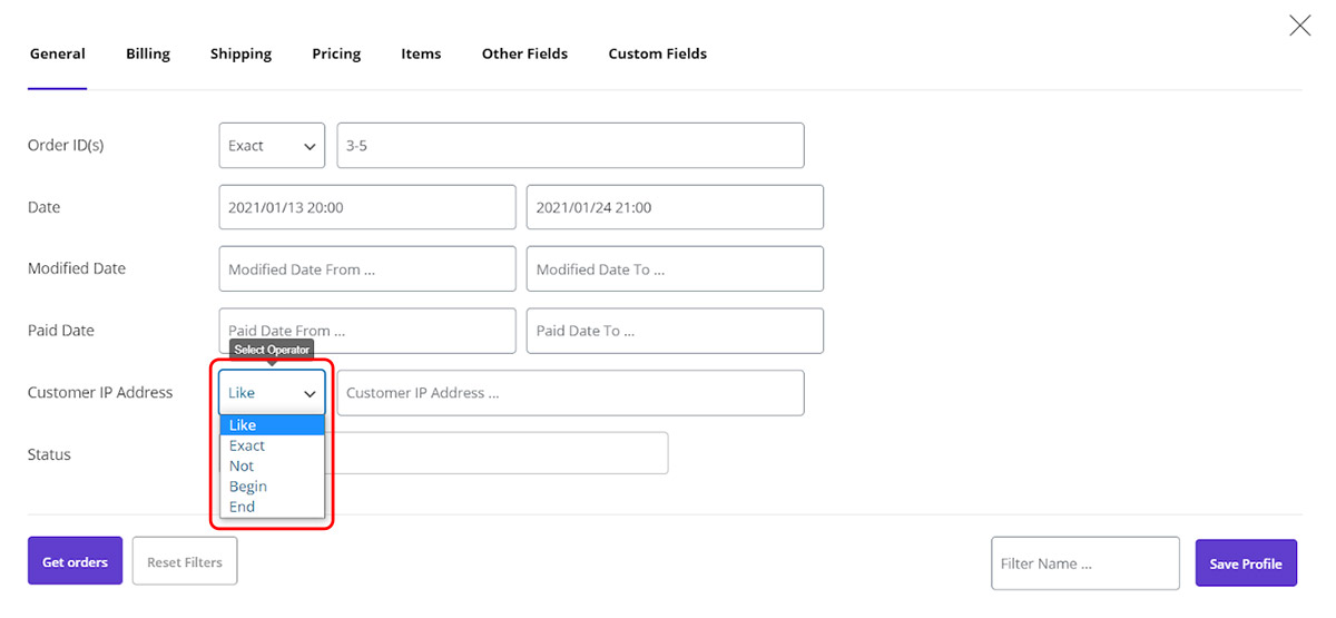 filter orders by customer IP address 