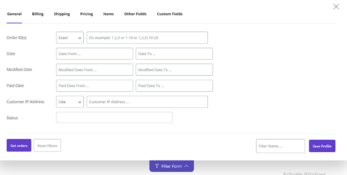 opening the “Filter Form” button in WooCommerce bulk orders editing plugin