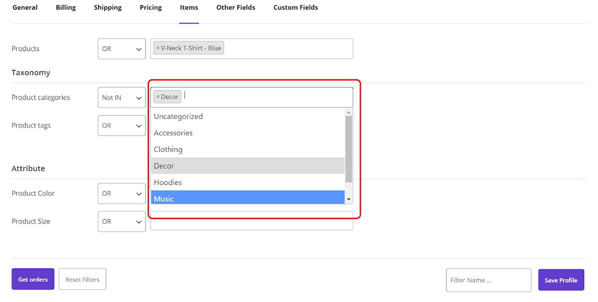 Filter orders by Product categories