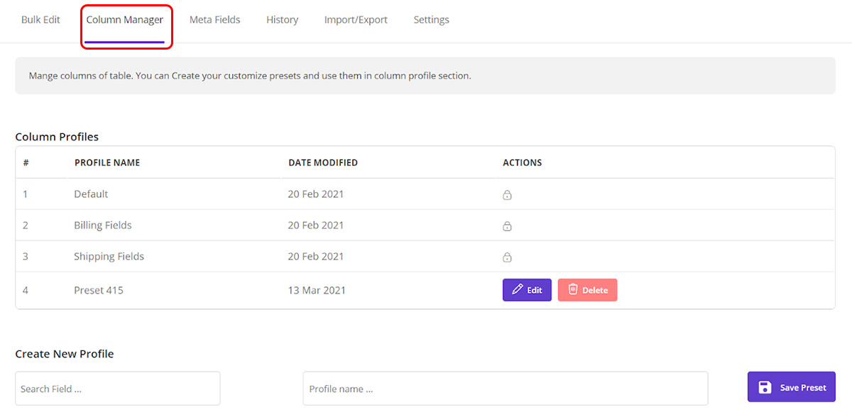 Save column profiles in WooCommerce bulk orders editing plugin