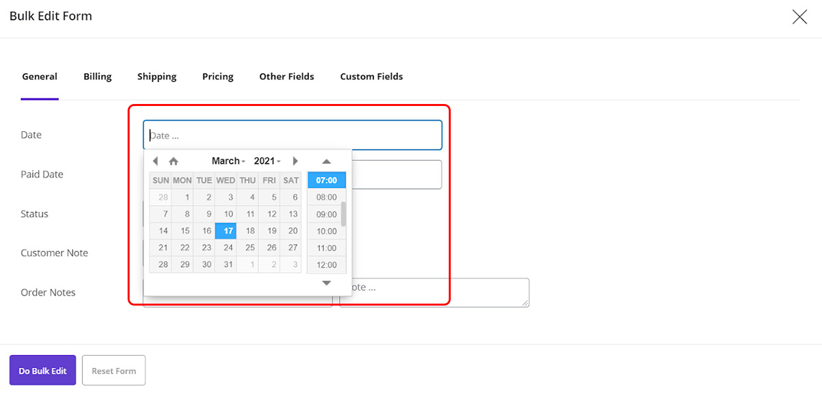 date and paid date field in WooCommerce bulk orders editing plugin