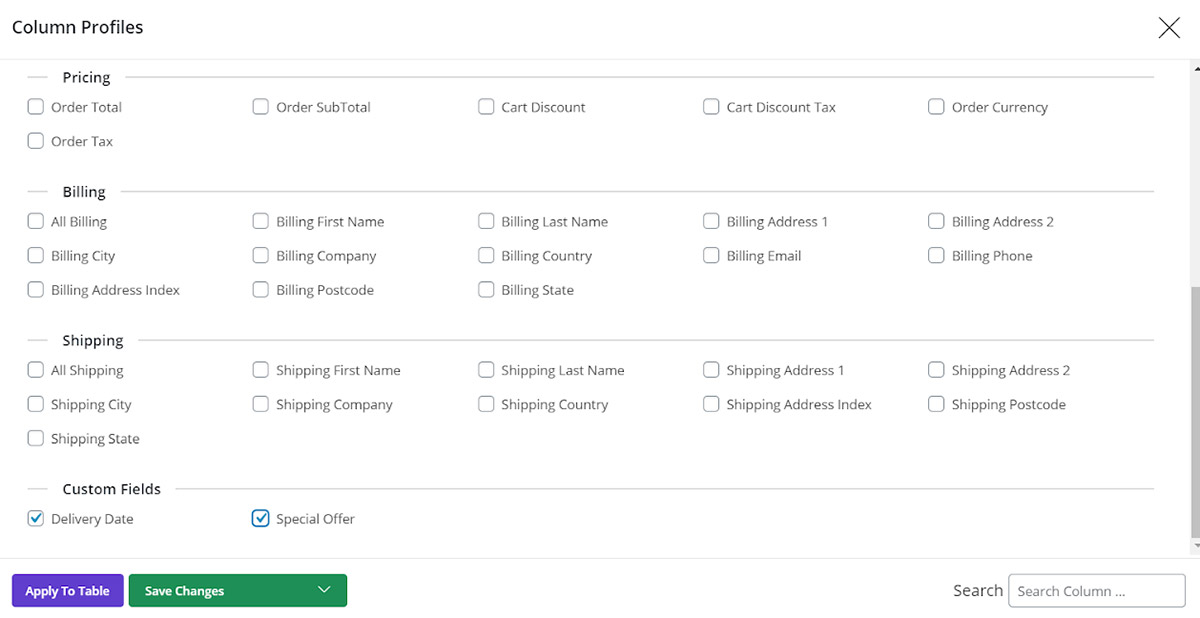 Add custom fields columns to the order table 