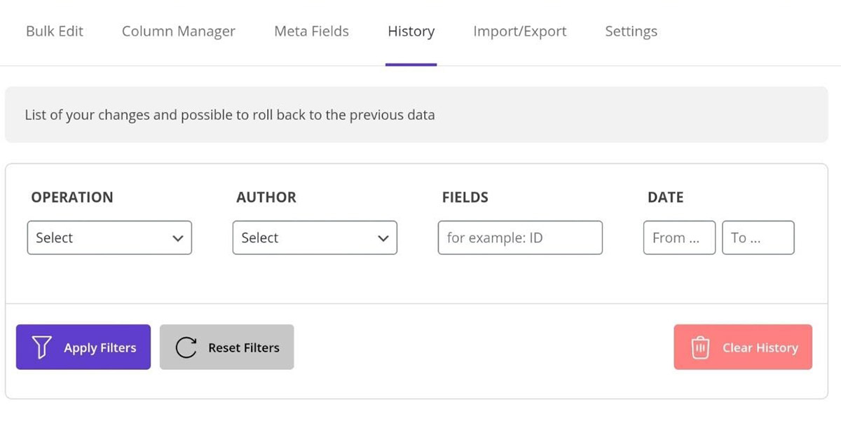 Roll Back to the previous data in a specific date by History in WooCommerce bulk orders editing plugin