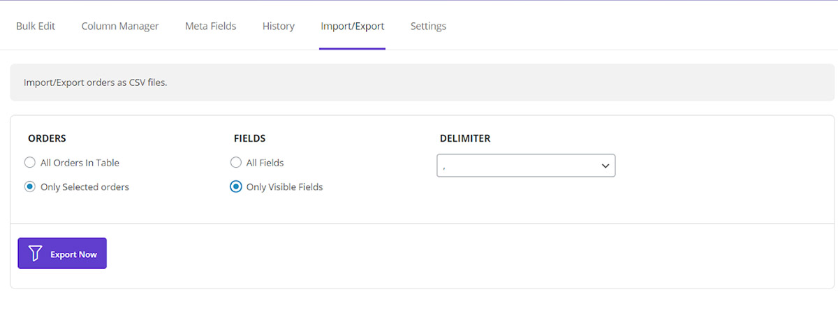 select some orders and Export then in woocommerce bulk order editing