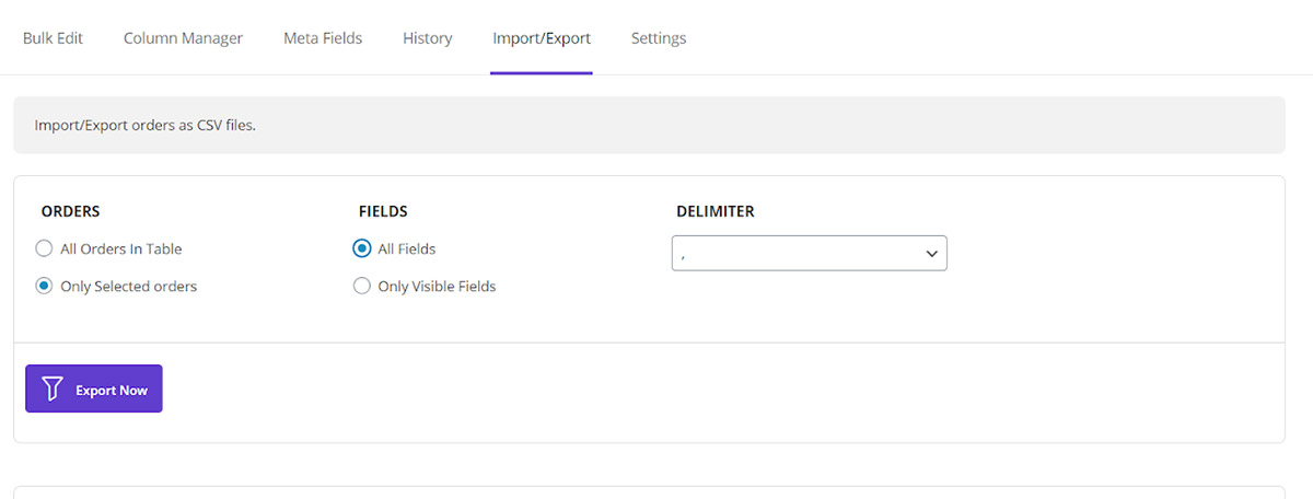 export only selected orders under in order table