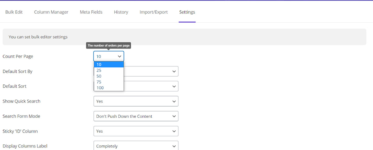 Count per page settings in WooCommerce bulk orders editing plugin