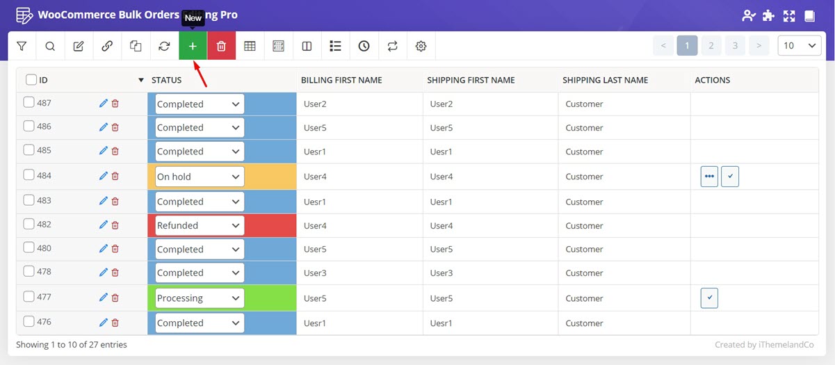 easily use "New Order" in WooCommerce bulk orders editing plugin