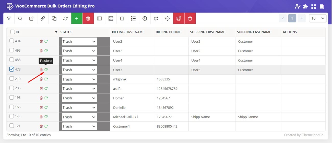 restore trashes orders in WooCommerce bulk orders editing