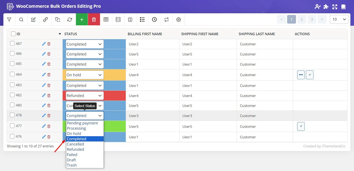 change status for trashed order in WooCommerce bulk orders editing
