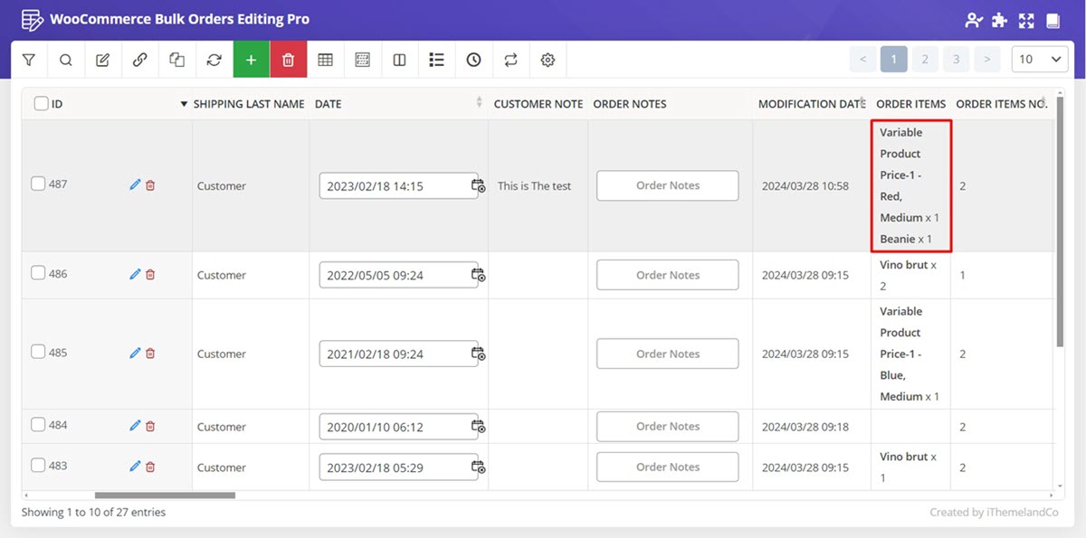 order items setting in WooCommerce bulk orders editing