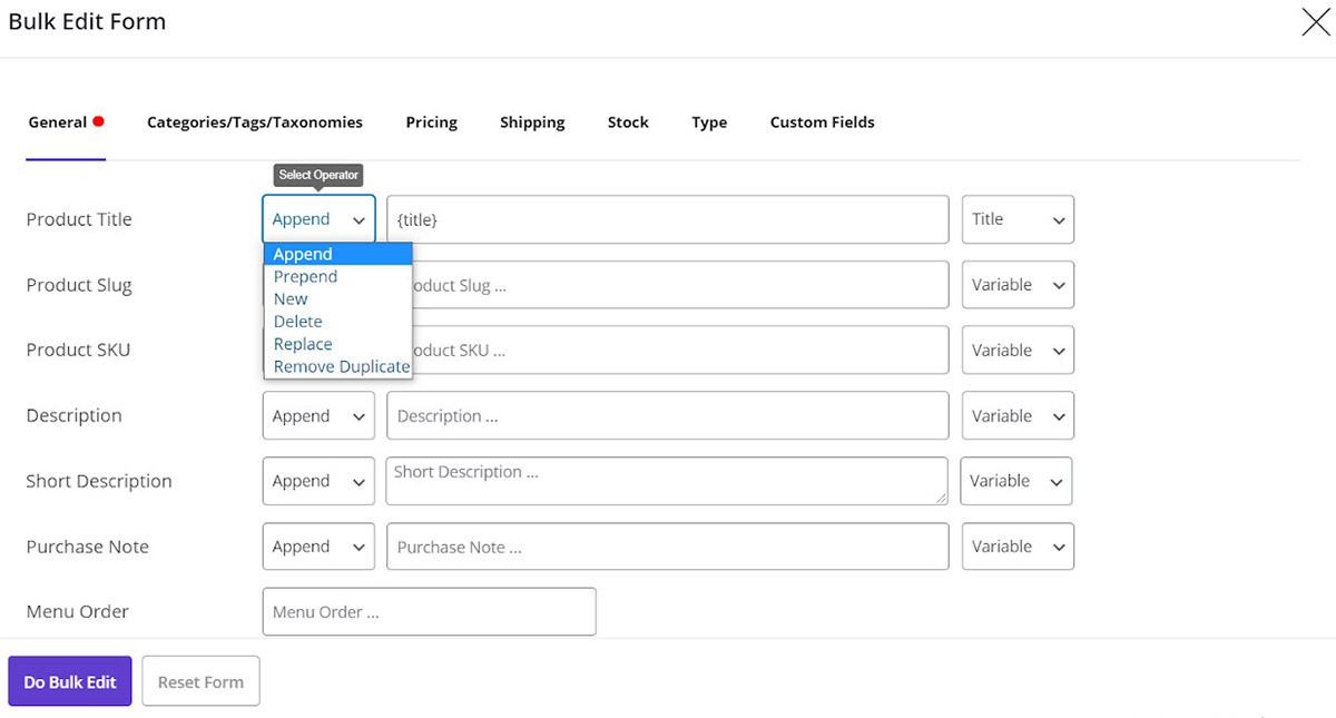 change the title of products in Woocommerce bulk product editing plugin