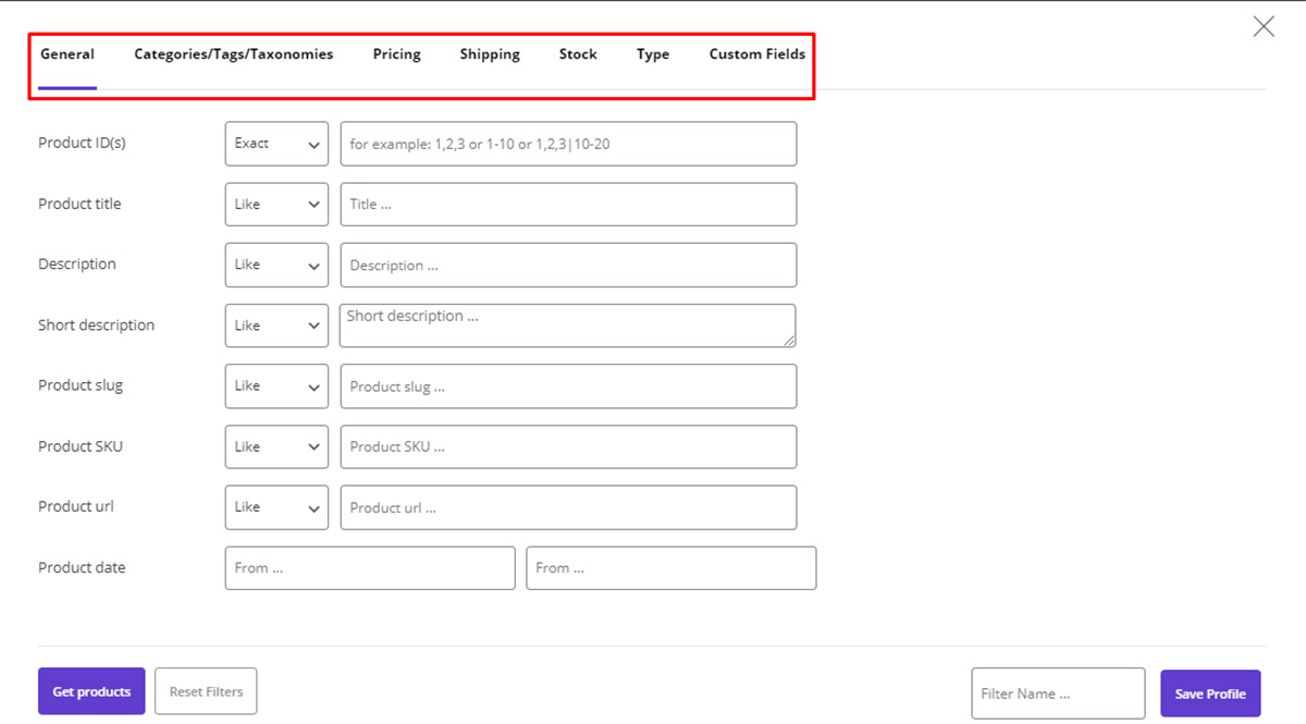 powerful filter form tabs in woocommerce bulk product editor