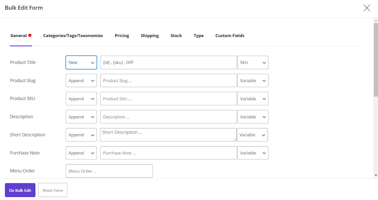 set new name for product in woocommerce bulk product editor