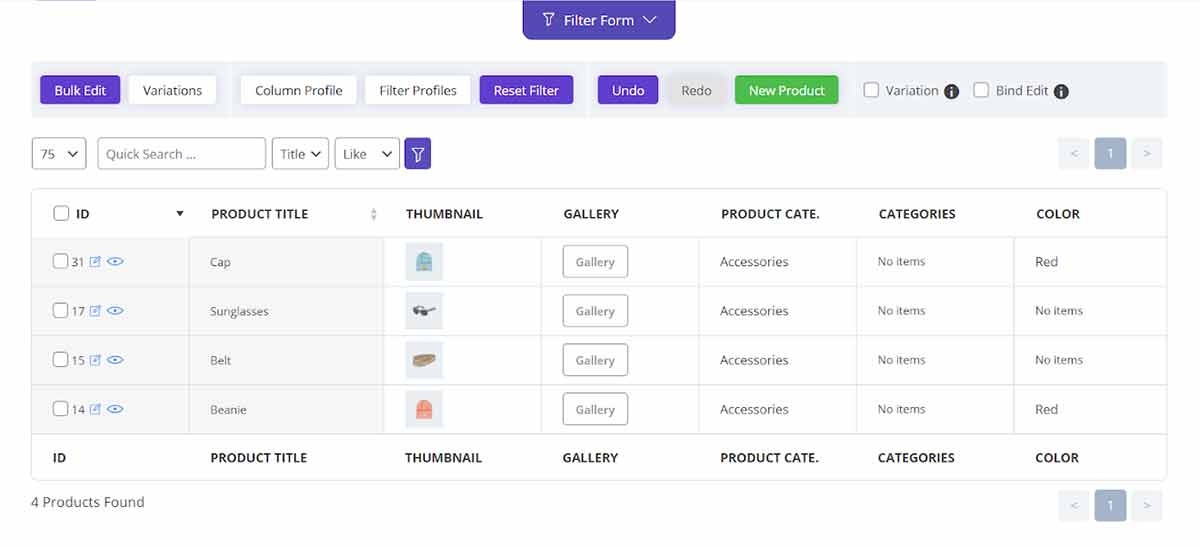 powerful Filter form in woocommerce bulk product editing