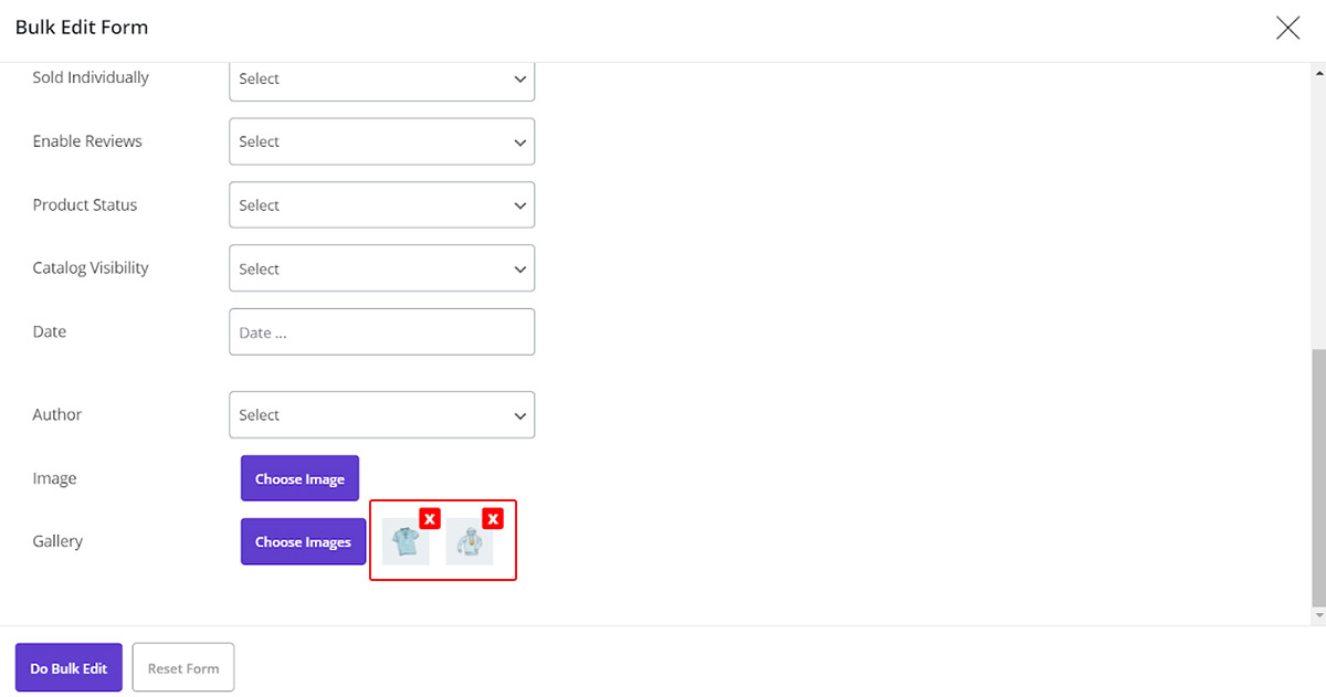 Changing the multi-product gallery in woocommerce bulk product editing