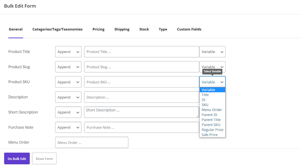 product sku variable option in woocommerce bulk product editing