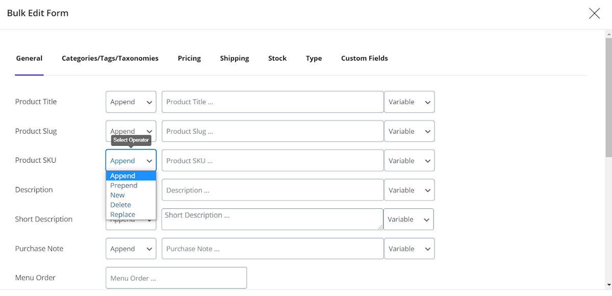 append product SKU operator in woocommerce bulk product editing