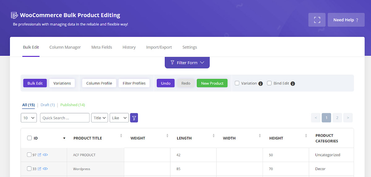 Weight and Dimensions management by woocommerce bulk product editing
