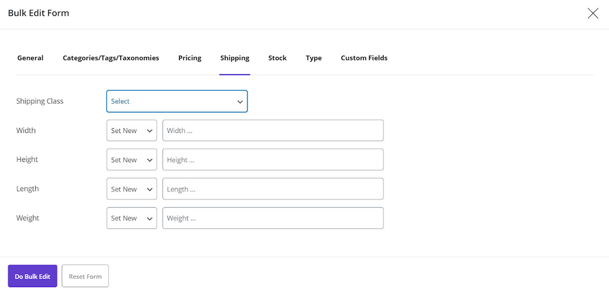 dimensions fields in woocommerce bulk product editing