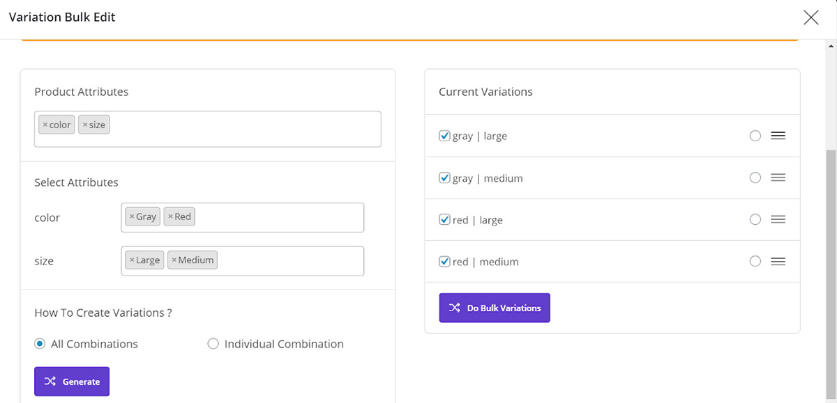 desire attributes for create variation combination in woocommerce bulk product editing