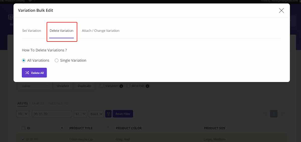 “Delete Variation” for variable products in woocommerce bulk product editing