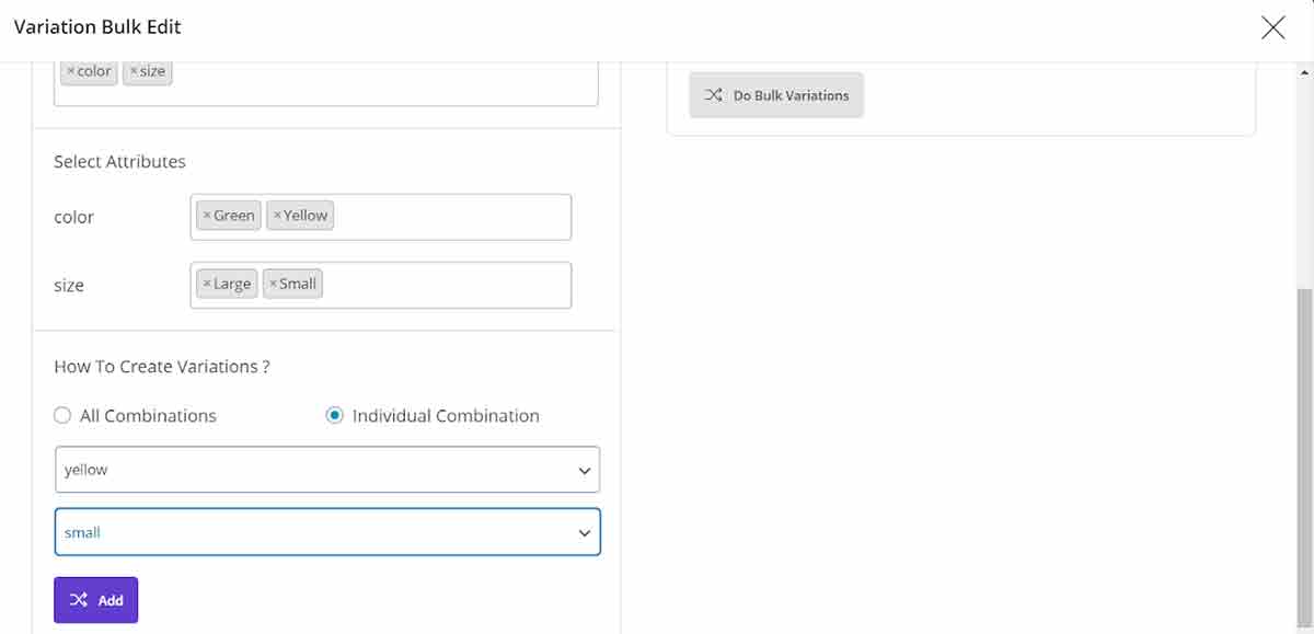 add individual combination as attributes in woocommerce bulk product editing