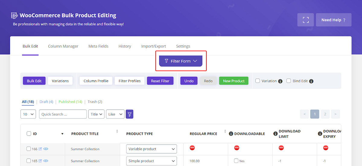 find simple product in Woocommerce product bulk editing plugin
