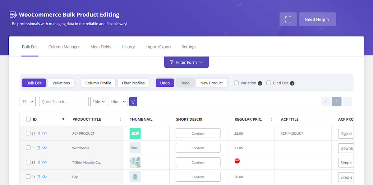 select Filter Form in Woocommerce bulk product editing plugin