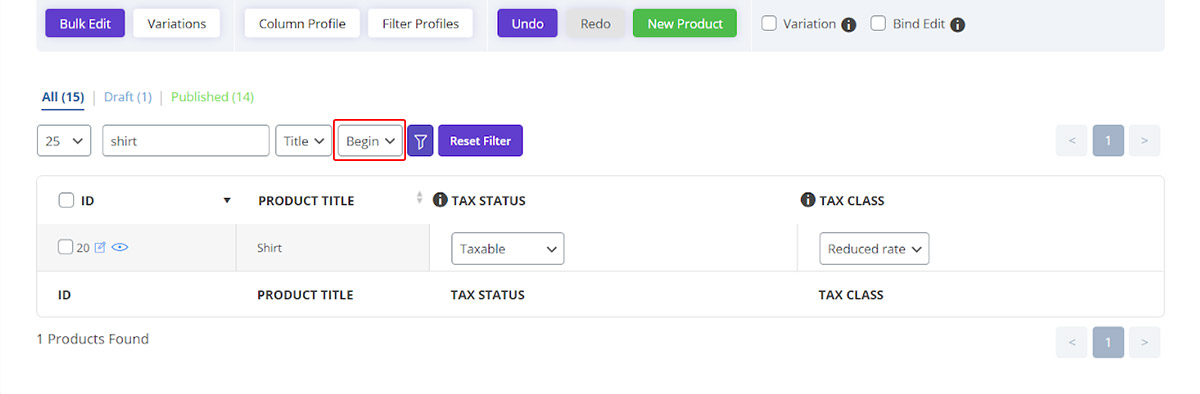 Begin operator to filter products in woocommerce bulk product editing plugin